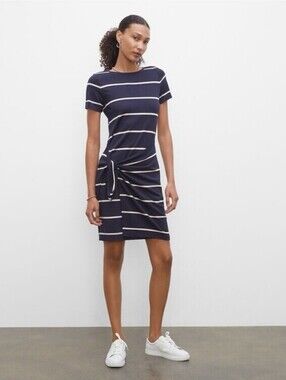 Club Monaco Navy and White Striped Tie-Waist Midi Dress